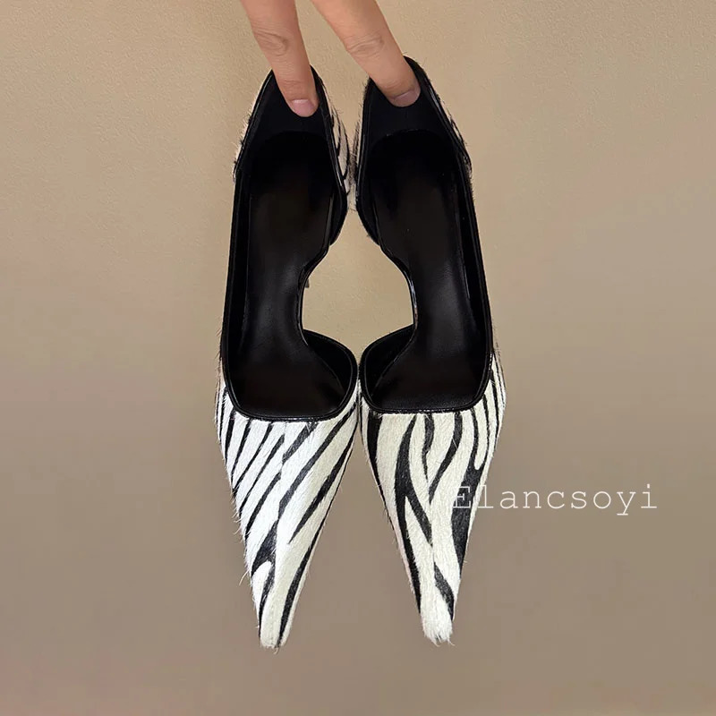 Pumps Womens Horsehair Zebra Pattern High Heels Shoes Shallow Mouth Pointed Toe Thin Single Sexy Commuter 260514 - view 7