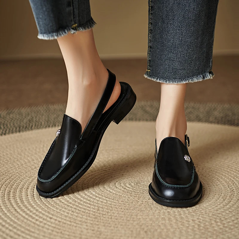 2026 Summer Women Cover Toe Sandals Genuine Leather Round Low Heels Fashion Retro Ladies Shoes Loafers 260514 - view 5