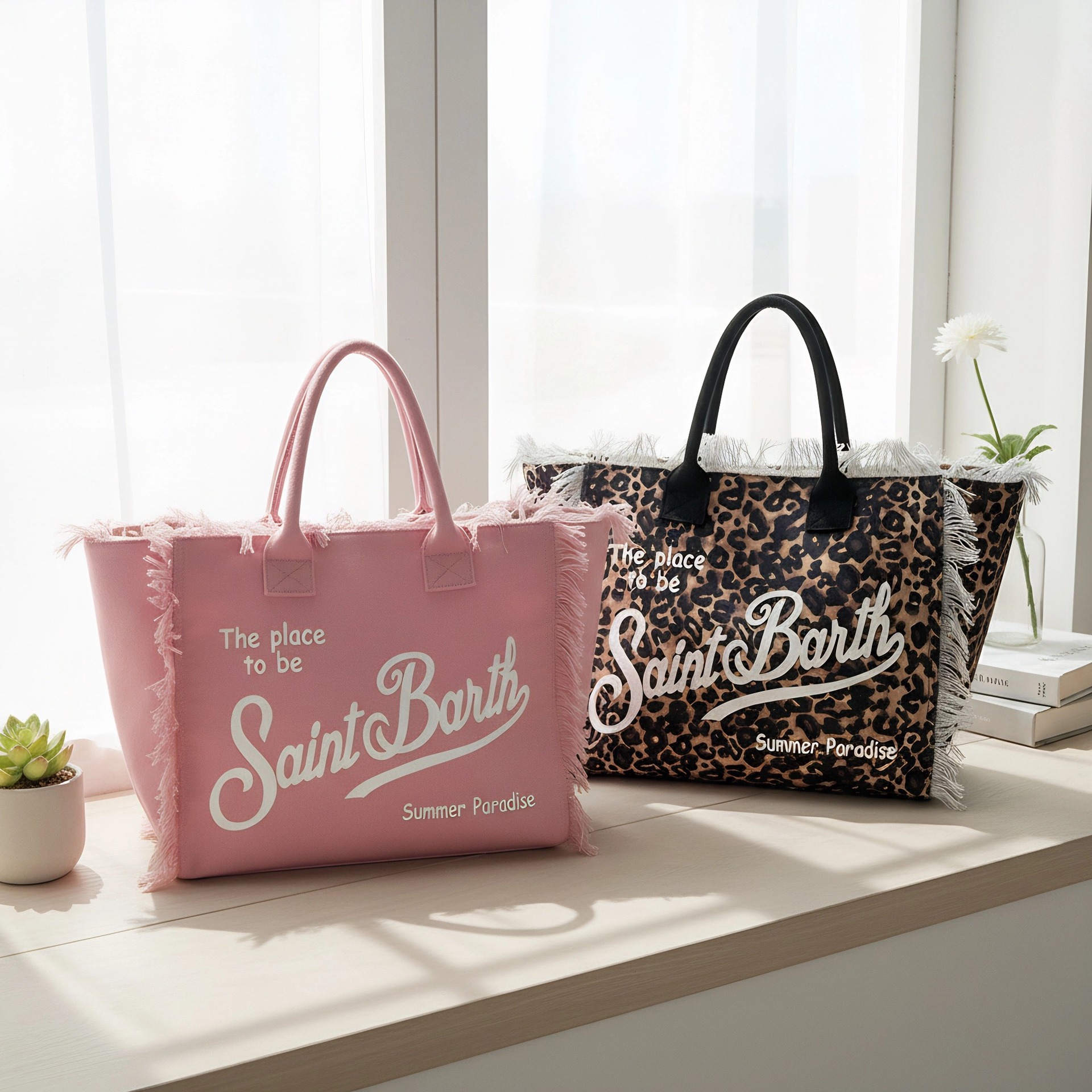 2026 New Leopard Print Letter Tassel Canvas Bag Large Capacity Tote Bag Women Shoulder Handbag