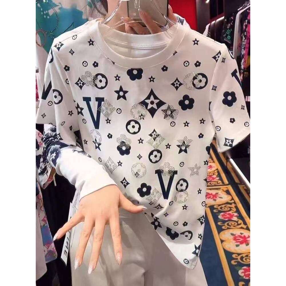 New Plus Size Trendy Brand Rhinestone Print Short Sleeve T-Shirt Women's Spring Summer Loose Fashion Style Top Asia Size
