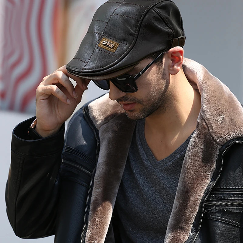 Men Fashion Retro PU Leather Beret Hats Autumn Winter Leather Beret Hat Middle-aged Mens Visor Warm Flat Peaked Cap Adjustable 260515