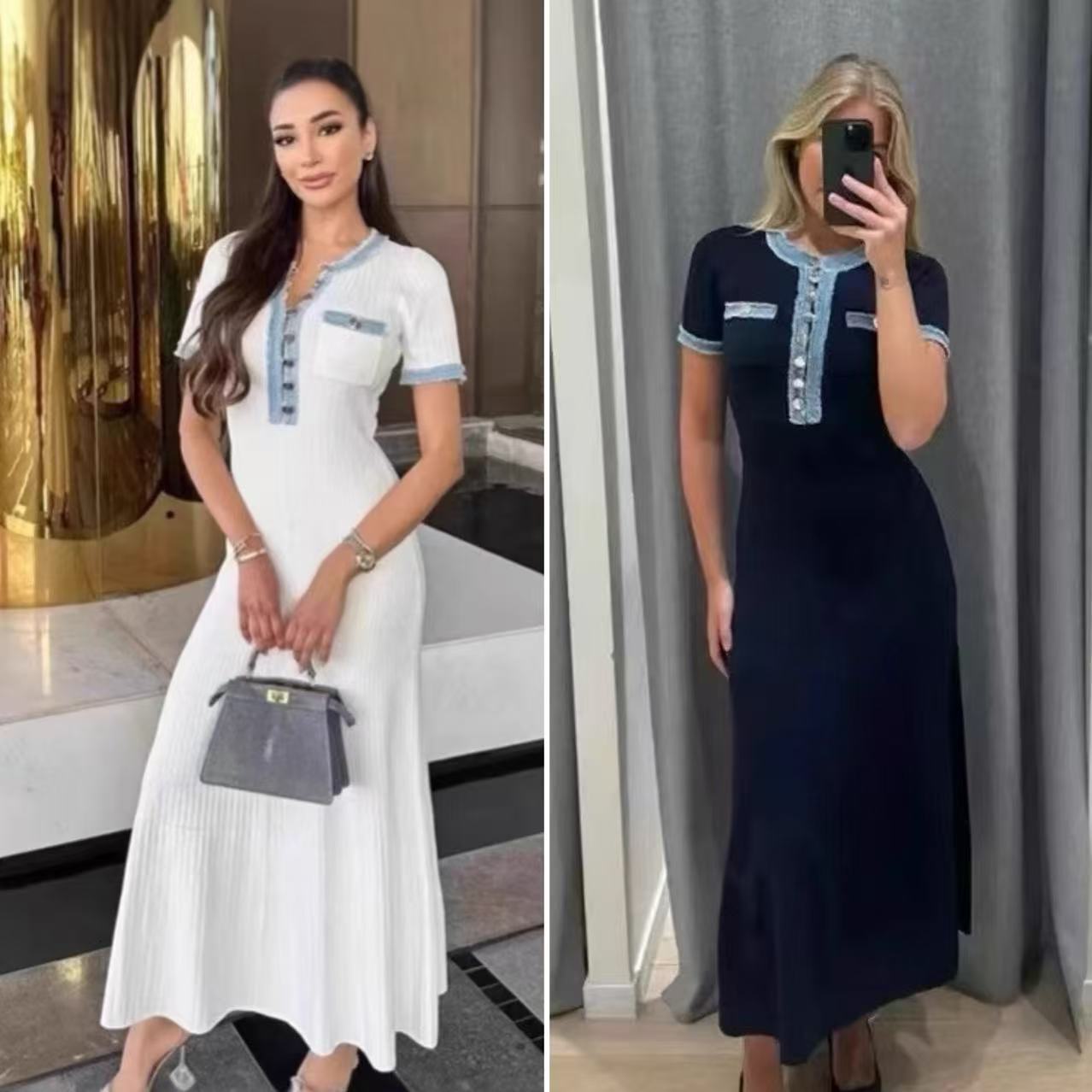 Designer European and American Style Denim Tassel Trim Patchwork Round Neck Metal Buckle Slim Fit Knitted Dress for Women Elastic Tight Bodycon