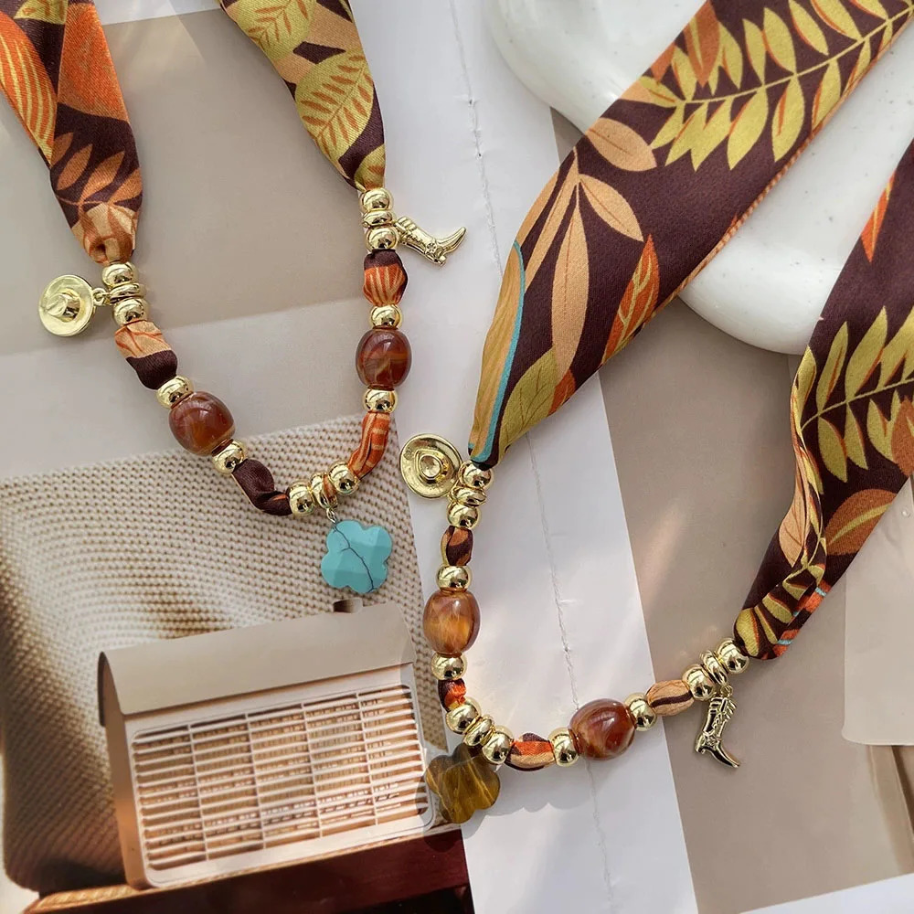 Copper Necklace Natural Stone Beaded Rope Chain Retro Multiple Pendants Silk Scarf Choker for Women Jewelry 260514
