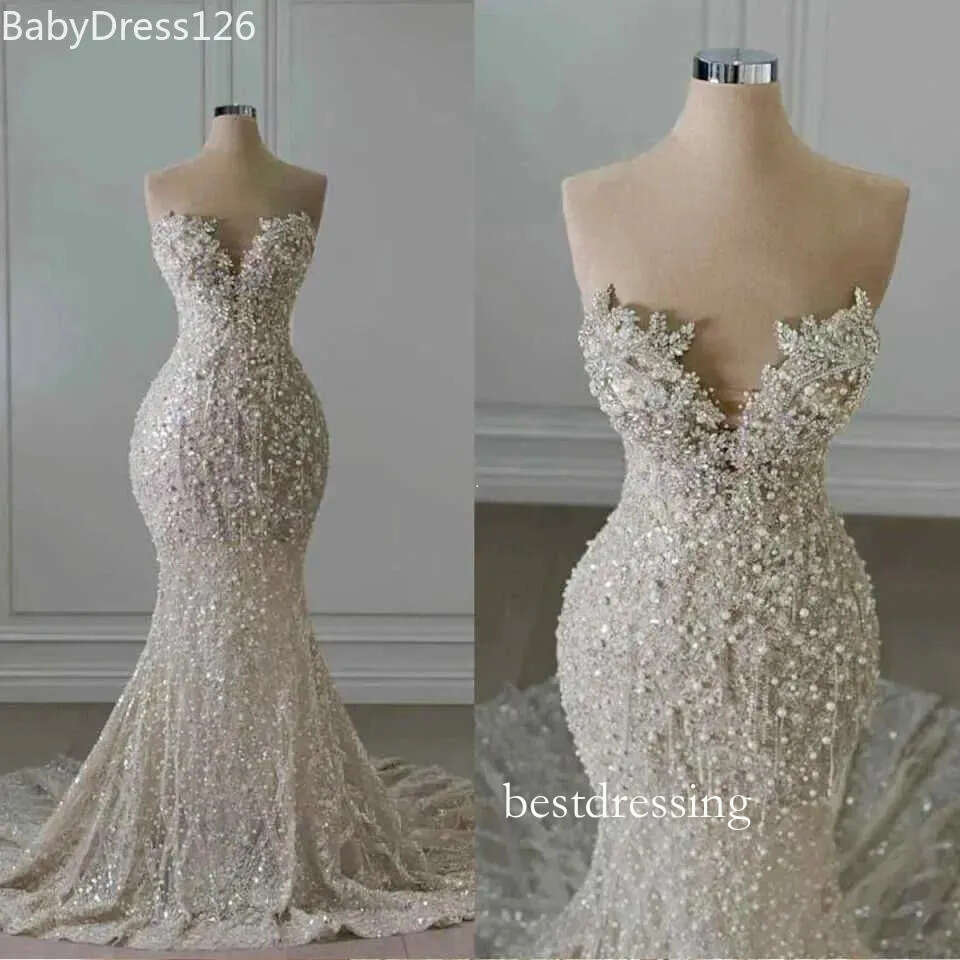 Luxury Mermaid Wedding Dress Sweetheart Neck Sleeveless Bridal Gown With Crystal Appliques And Pearls Sweep Train Custom Made Bd515