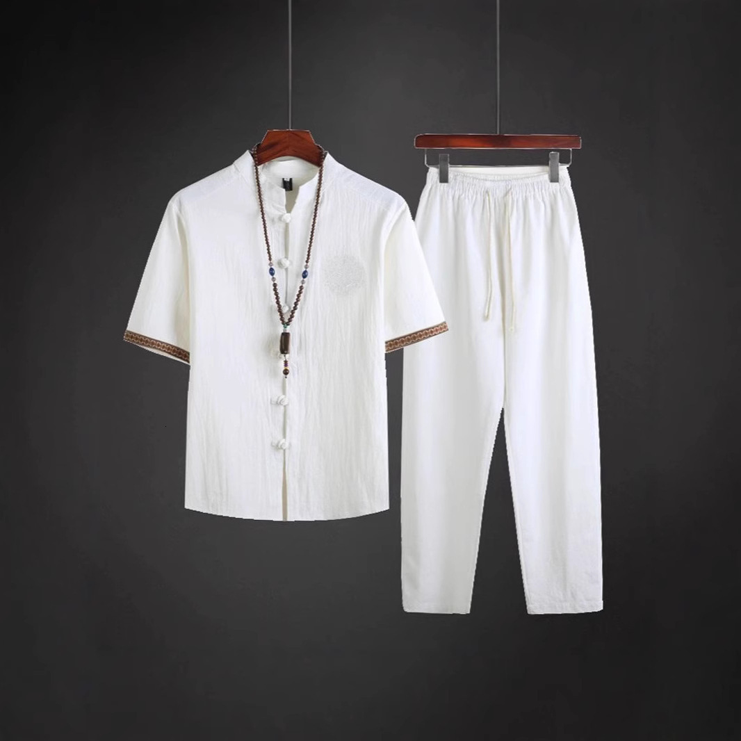 Chinese-style Men's Summer Lightweight Linen Suit Men's Traditional Chinese Tang Suit And Polo Designer T-shirt Two-piece Set Hoodie Vintage Cotton Two-piece Set