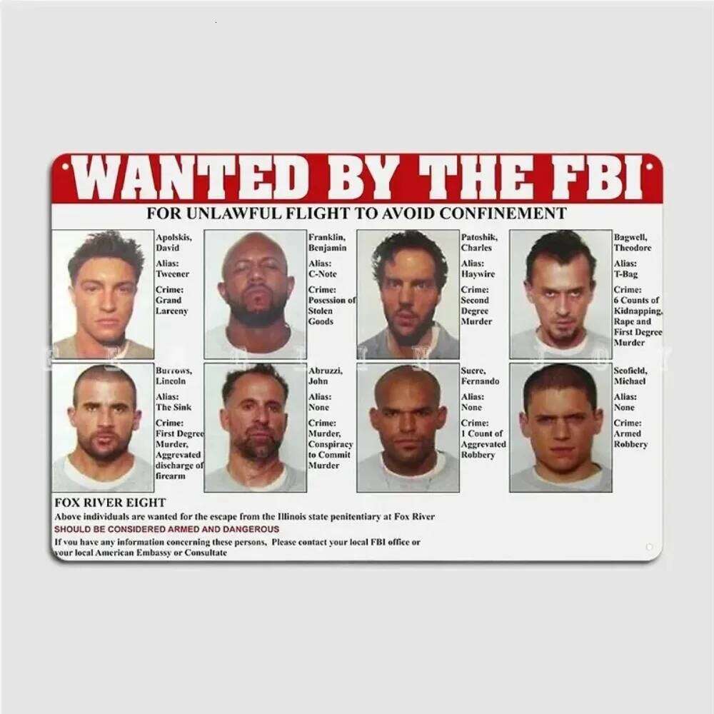 Retro "Prison Break" FBI Wanted Poster Metal Tin Sign - Exquisite Wall Art Decor for Kitchen, Bar, Cinema, Club & Home J260515