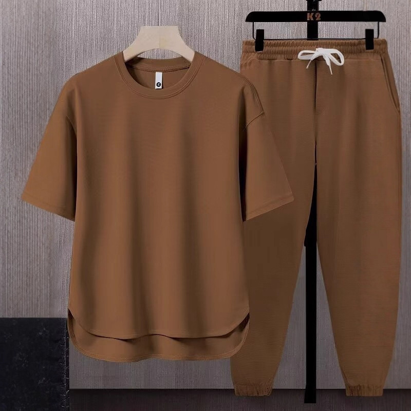 Matching Hoodie Set Solid Color Men's T-shirt Summer Japanese Designer T-shirt Short Sleeve Long Pants Polo Two-piece Set