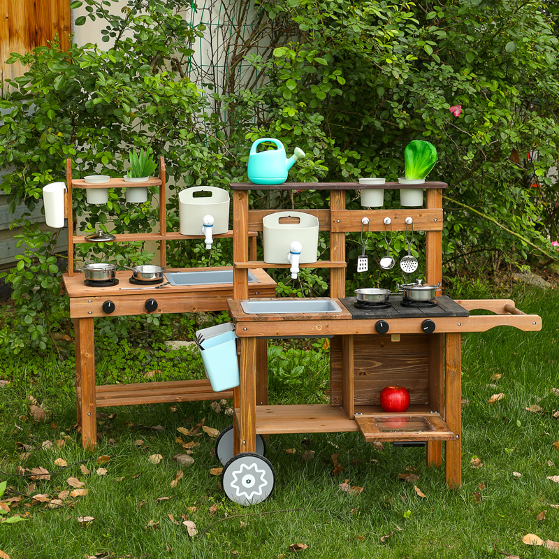 Wooden Kids Outdoor Mud Kitchen Playset (A/B Style) - Backyard Pretend Cooking Station with Sink & Accessories MSN24011