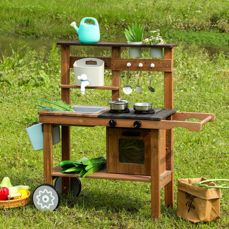 Wooden Kids Outdoor Mud Kitchen Playset (A/B Style) - Backyard Pretend Cooking Station with Sink & Accessories MSN24011