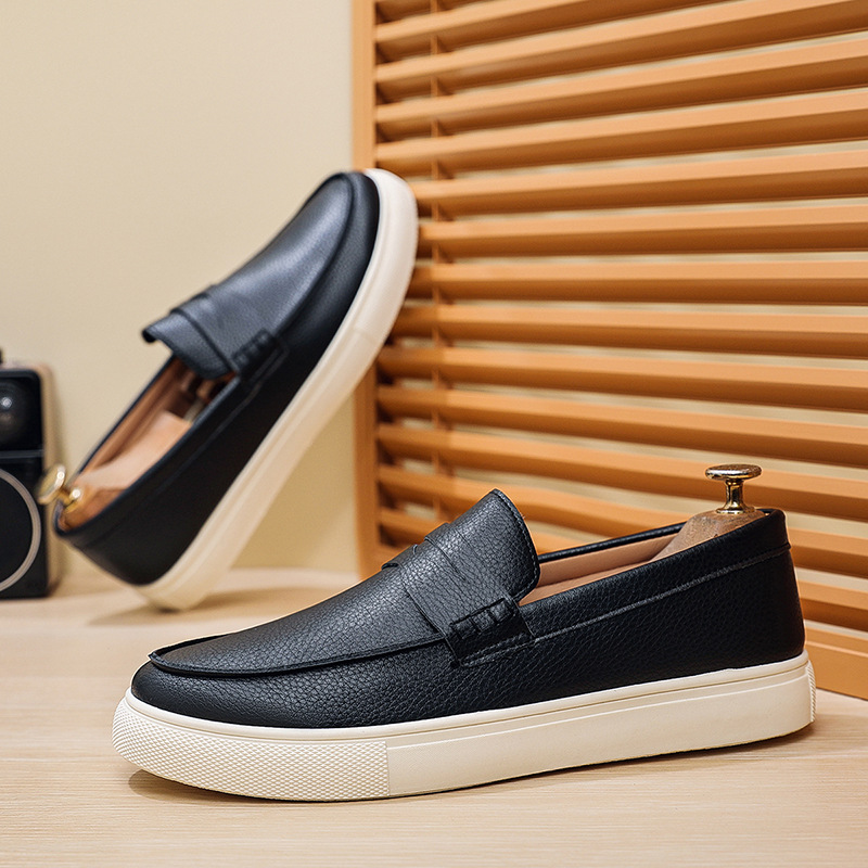 Free shipping designer shoes Le Fu shoes round toe men's bean shoes men's shoes one foot soft soled casual leather shoes Lightweight