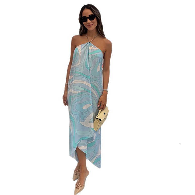 Designer 2026 European and American Style New Summer Vacation Print Halter Neck Long Dress