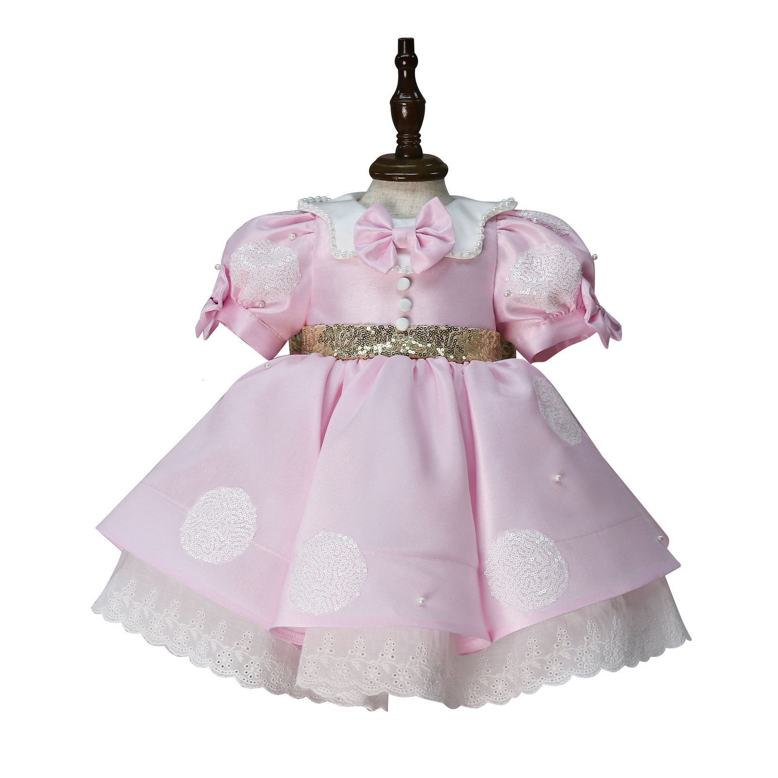 Flower Girl Dresses Pink Pearl Lace White Sequin Top With Gold Bow Belt Short Sleeve For Wedding Birthday First Communion Gowns 241015