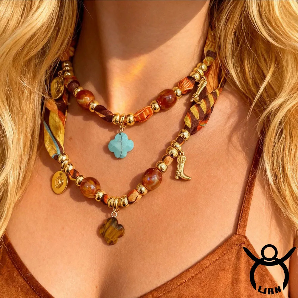 Copper Necklace Natural Stone Beaded Rope Chain Retro Multiple Pendants Silk Scarf Choker for Women Jewelry 260514