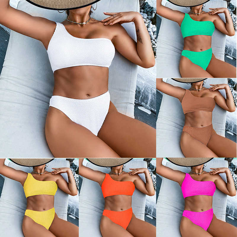 2022 Solid Color Snake Print One-Shoulder High-Waisted Bikini Sexy Swimsuit for Women QMAQ