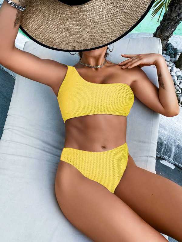 2022 Solid Color Snake Print One-Shoulder High-Waisted Bikini Sexy Swimsuit for Women QMAQ