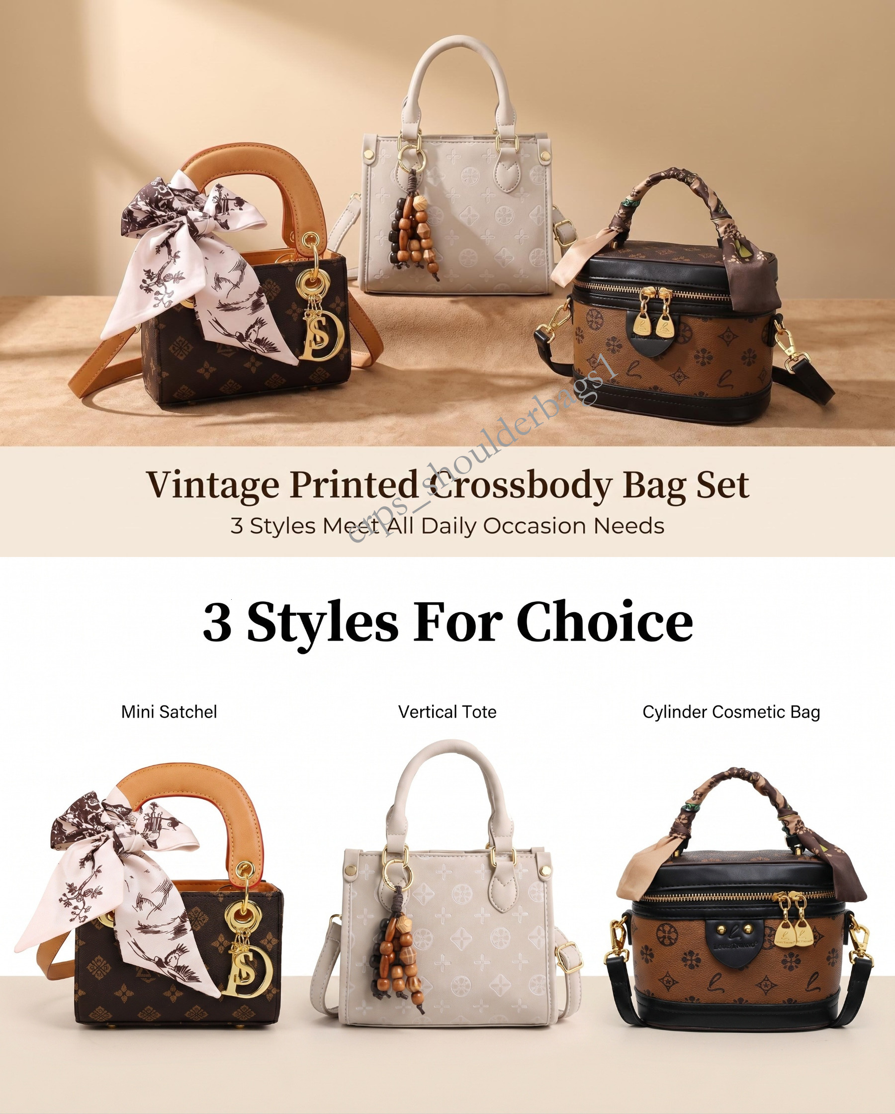 Classic Vintage Print Tote Bag Various Styles Detachable Strap Crossbody Shoulder Purse With Scarf Charm For Women