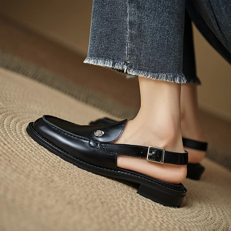 2026 Summer Women Cover Toe Sandals Genuine Leather Round Low Heels Fashion Retro Ladies Shoes Loafers 260514 - view 4