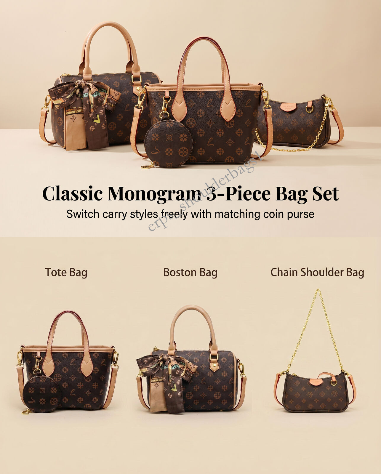 Classic Vintage Print Tote Bag Various Styles Detachable Strap Crossbody Shoulder Purse With Scarf Charm For Women