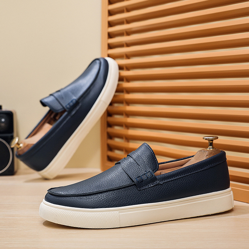 Free shipping designer shoes Le Fu shoes round toe men's bean shoes men's shoes one foot soft soled casual leather shoes Lightweight