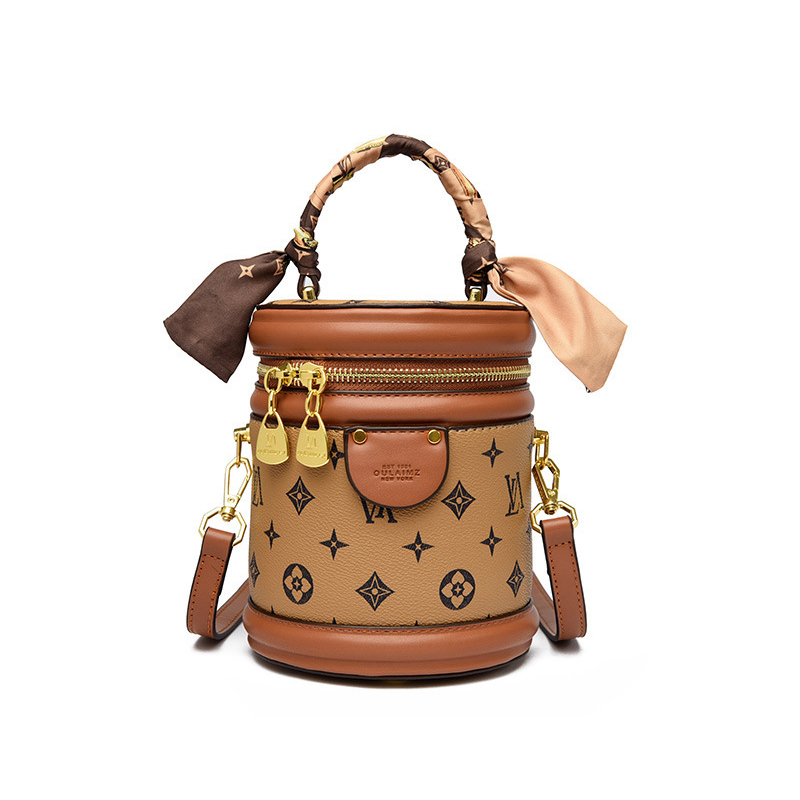 High-end women's bucket bag, vintage designer bag, new handbag cylindrical bag, retro printed shoulder crossbody bag, fashionable minimalist luxu - view 4