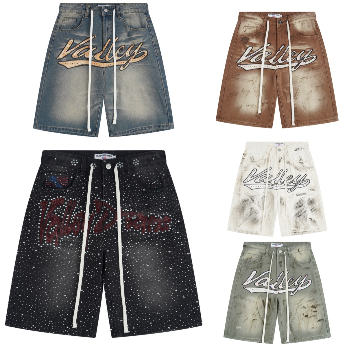 Designer American fashion brand Vale Valley letter embroidery, washed ink splatter sketch, rhinestone embellished, pure cotton straight denim shorts