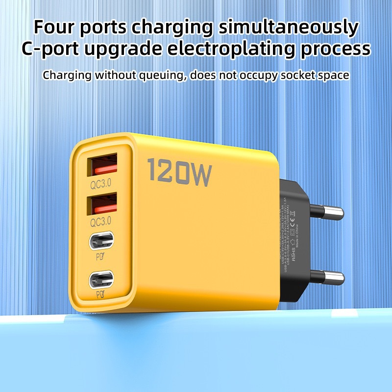 120W 4-Port Fast Charger USB-A + USB-C PD QC3.0 Multi-Port Wall Charger Block US/EU Plug for iPhone Samsung Android