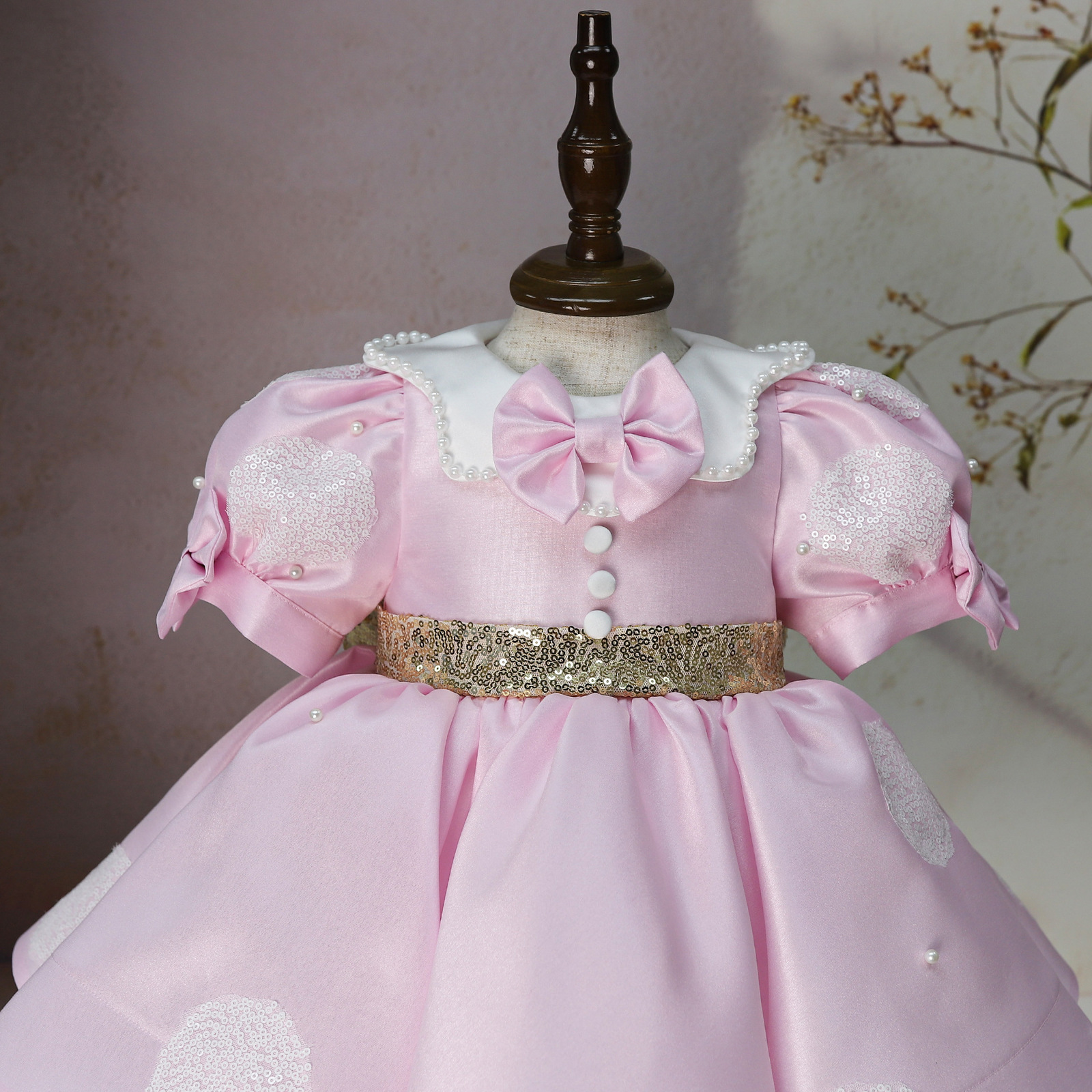 Flower Girl Dresses Pink Pearl Lace White Sequin Top With Gold Bow Belt Short Sleeve For Wedding Birthday First Communion Gowns 241015