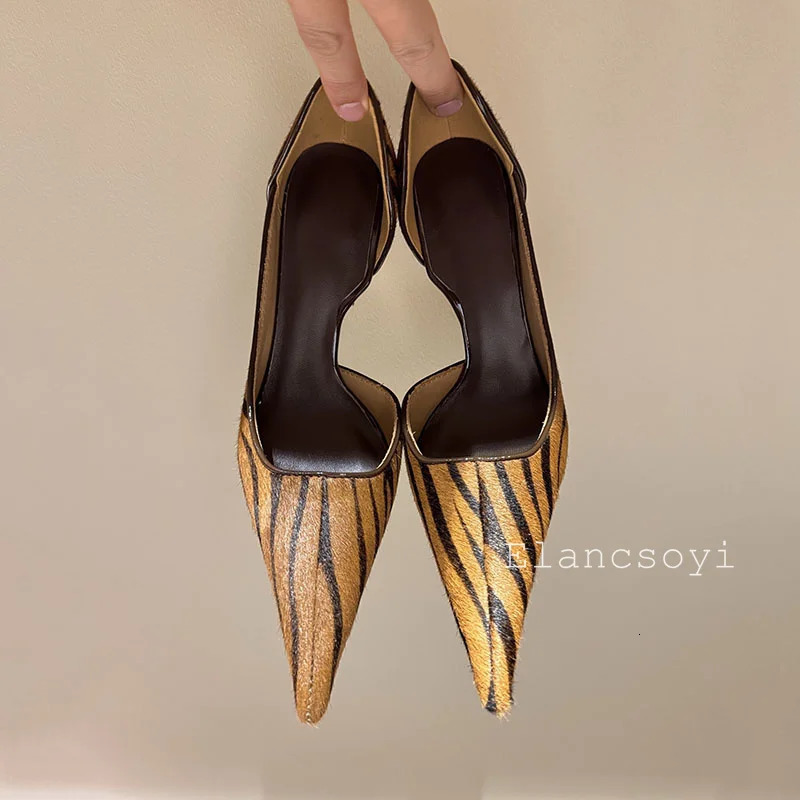 Pumps Womens Horsehair Zebra Pattern High Heels Shoes Shallow Mouth Pointed Toe Thin Single Sexy Commuter 260514 - view 4