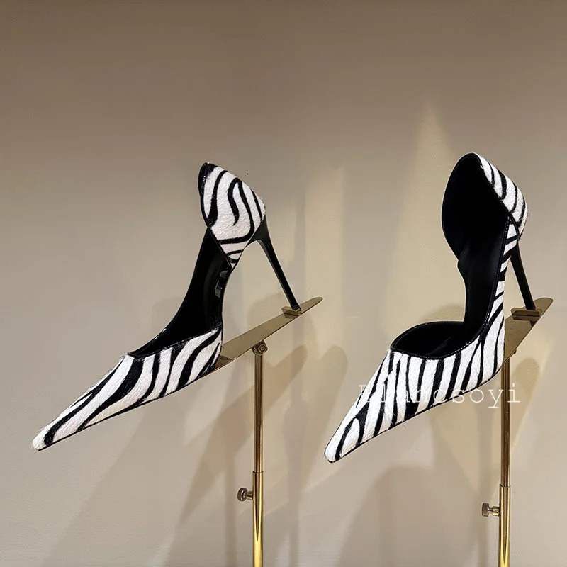 Pumps Womens Horsehair Zebra Pattern High Heels Shoes Shallow Mouth Pointed Toe Thin Single Sexy Commuter 260514 - view 6