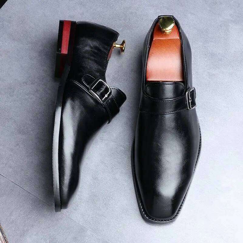 Men's Retro Casual Business Shoes Microfiber Leather Square Toe Slip-on Buckle Mens Dress Office Flats Men Wedding Party Oxfords
