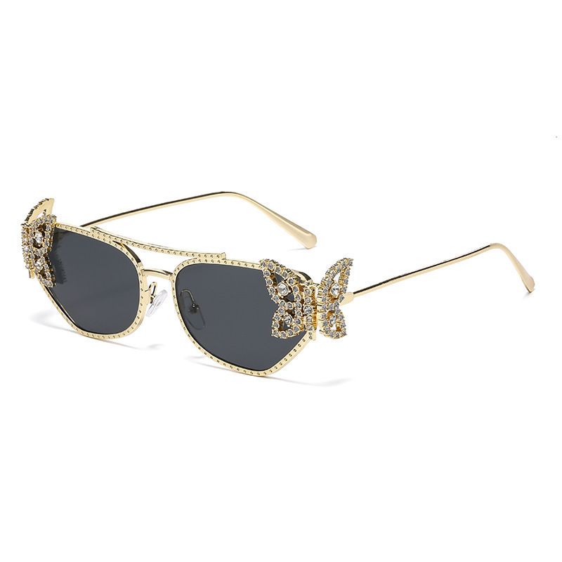 Luxury brands designer 2026 New Womens Trendy Double Bridge Sunglasses Butterfly Rhinestone Polygon Metal Frame UV400 Anti-UV Shades for Party Streetw