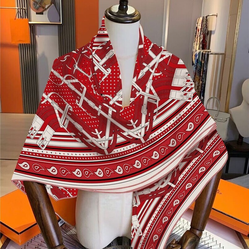 Red scarf 130cm square French vintage versatile women's high-end twill silk scarf, elegant accessory