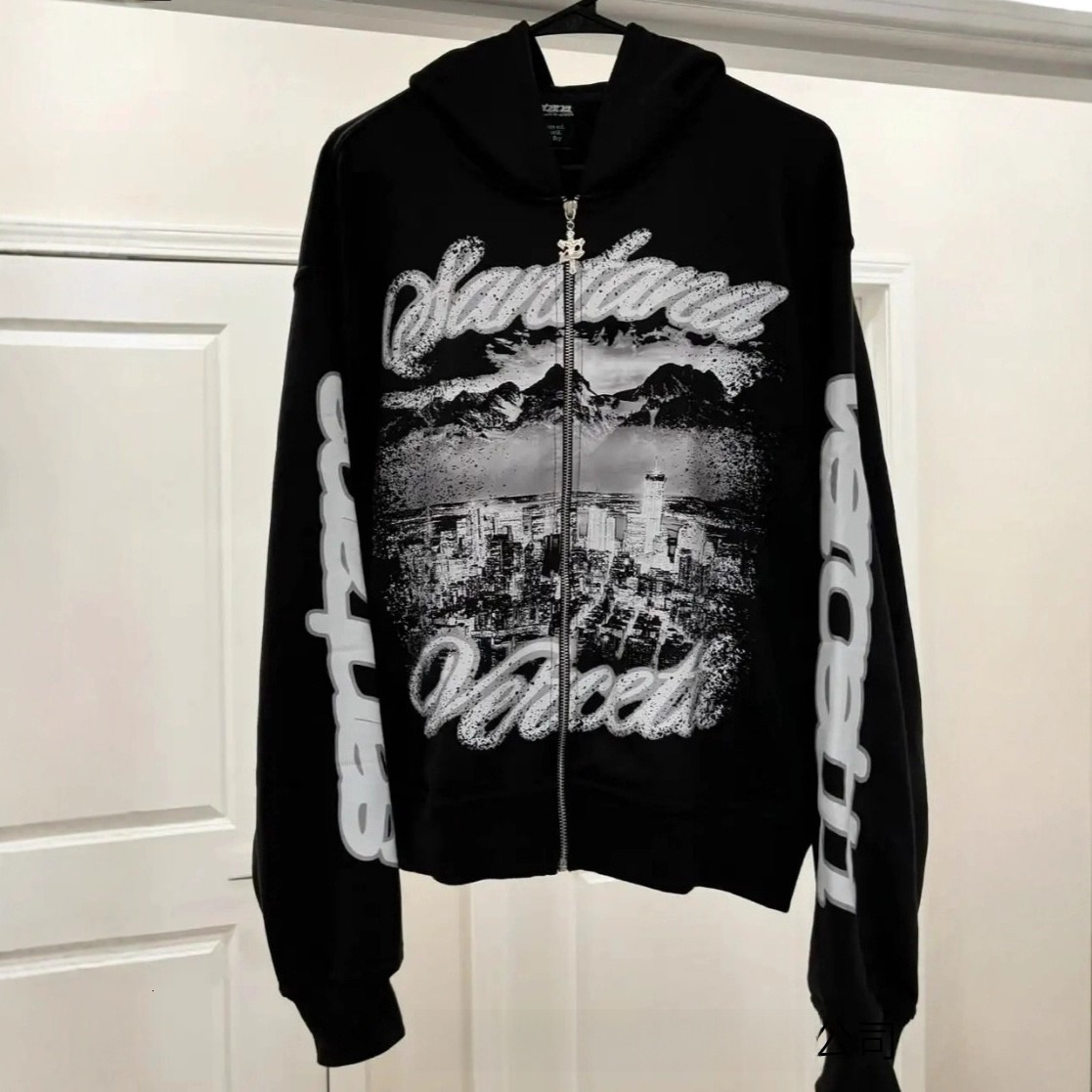 Designer American Style Hot Retro Harajuku Dark Hip Hop High Street Cartoon Print Zipper Hoodie Loose Sweatshirt