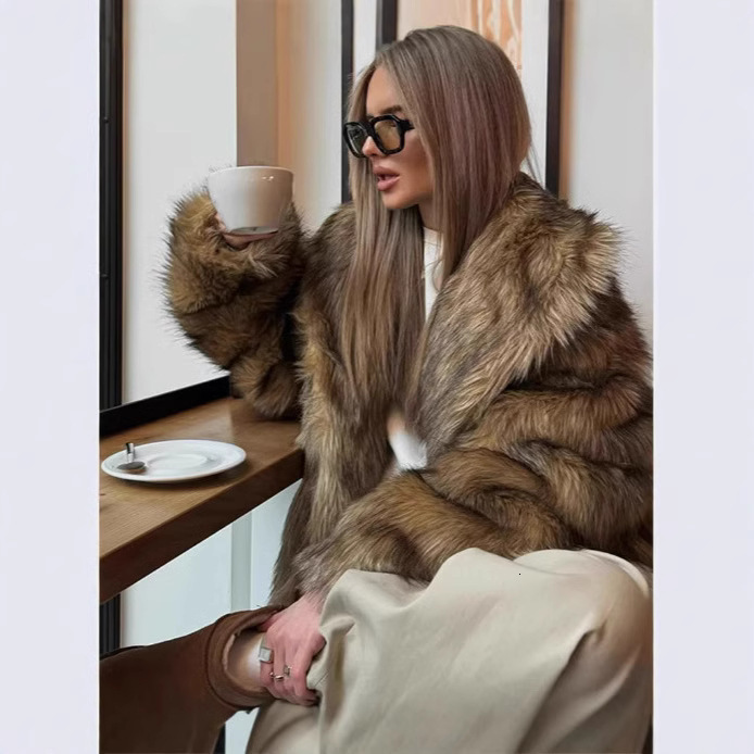 Women Chic Patchwork Faux Fur Jacket Fashion Lapel Long Sleeve Loose Lace Up Coat 2025 Winter Lady Warm High Street Outwear 250920