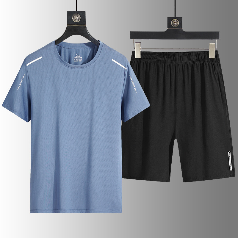 Summer Polo New Ice Silk Designer T-shirt Men's Casual Hoodie Sports Suit Loose Two-piece Breathable Quick-dry Crew Neck T-shirt Shorts