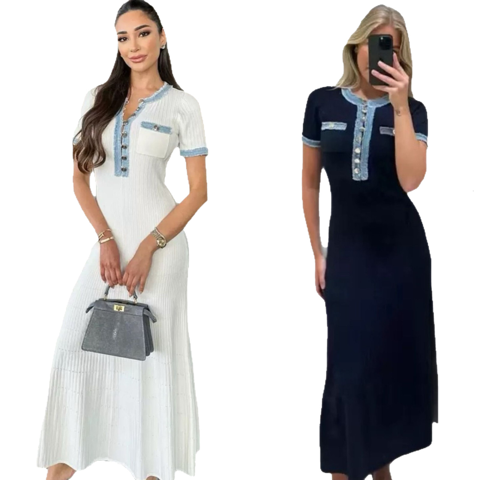 Designer European and American Style Denim Tassel Trim Patchwork Round Neck Metal Buckle Slim Fit Knitted Dress for Women Elastic Tight Bodycon