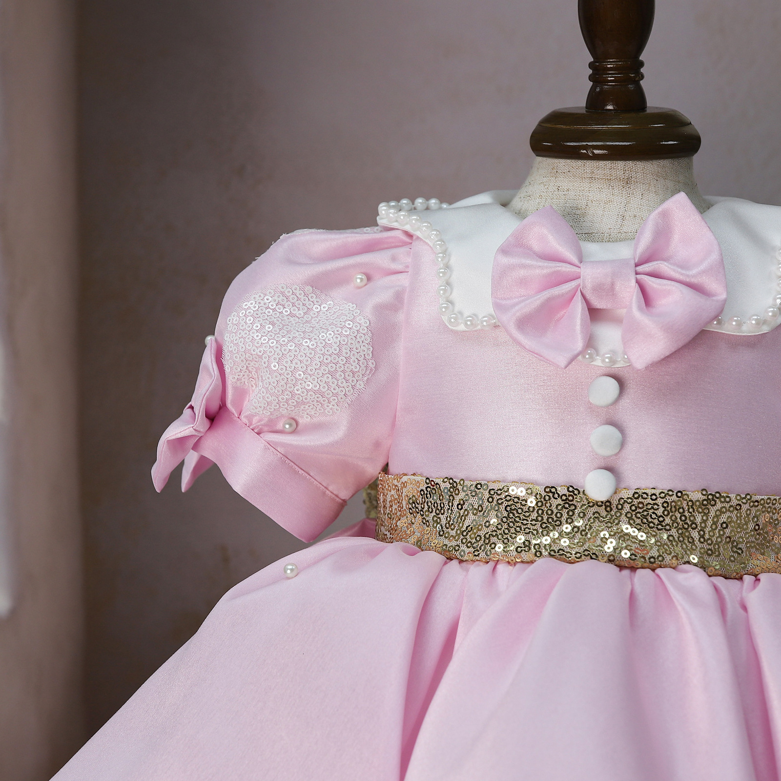 Flower Girl Dresses Pink Pearl Lace White Sequin Top With Gold Bow Belt Short Sleeve For Wedding Birthday First Communion Gowns 241015