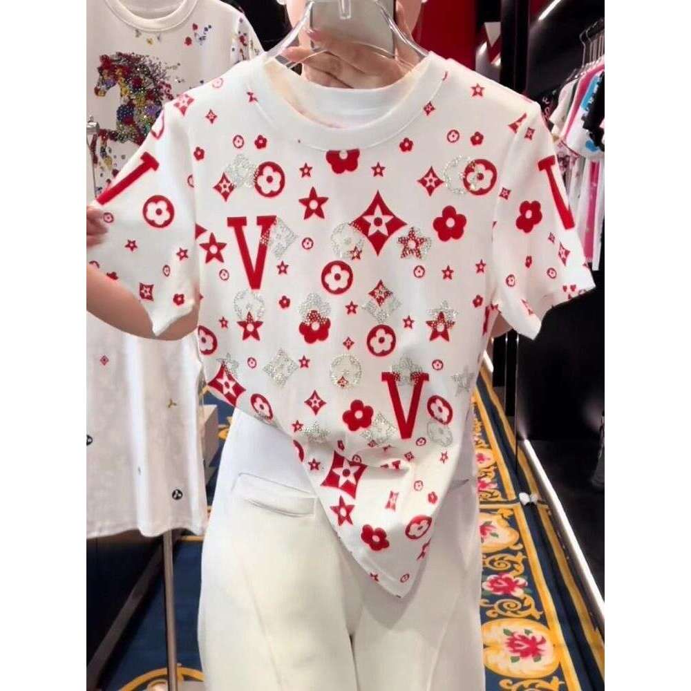New Plus Size Trendy Brand Rhinestone Print Short Sleeve T-Shirt Women's Spring Summer Loose Fashion Style Top Asia Size