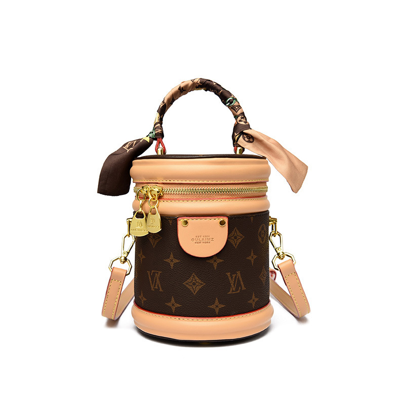 High-end women's bucket bag, vintage designer bag, new handbag cylindrical bag, retro printed shoulder crossbody bag, fashionable minimalist luxu - view 5