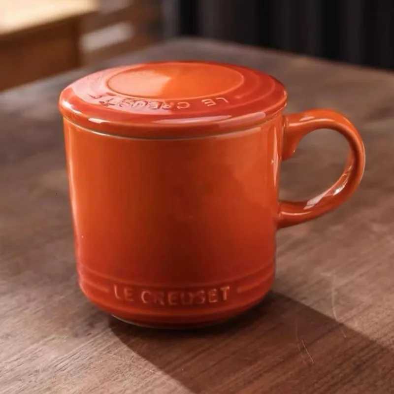 Le Creuset Style 12oz Orange Enamel Ceramic Mug with Lid for Coffee Tea Cocoa And Everyday UseJ260515