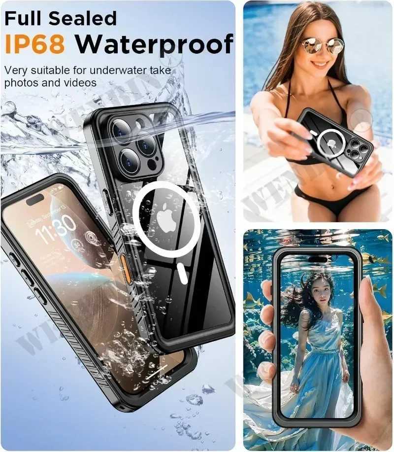 IP68 Waterproof Case For iPhone 17 16 15 Pro Max Plus Full Body Protective Cover Swim Underwater Diving Magnetic Fundas C260515