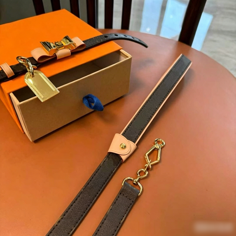 Designer Dog Collars Leash set, Luxury Leather Pets Collar with Detachable Bow Tie, High End Golden Hardware Accessories, Puppy Cats Fashion Dog Birth