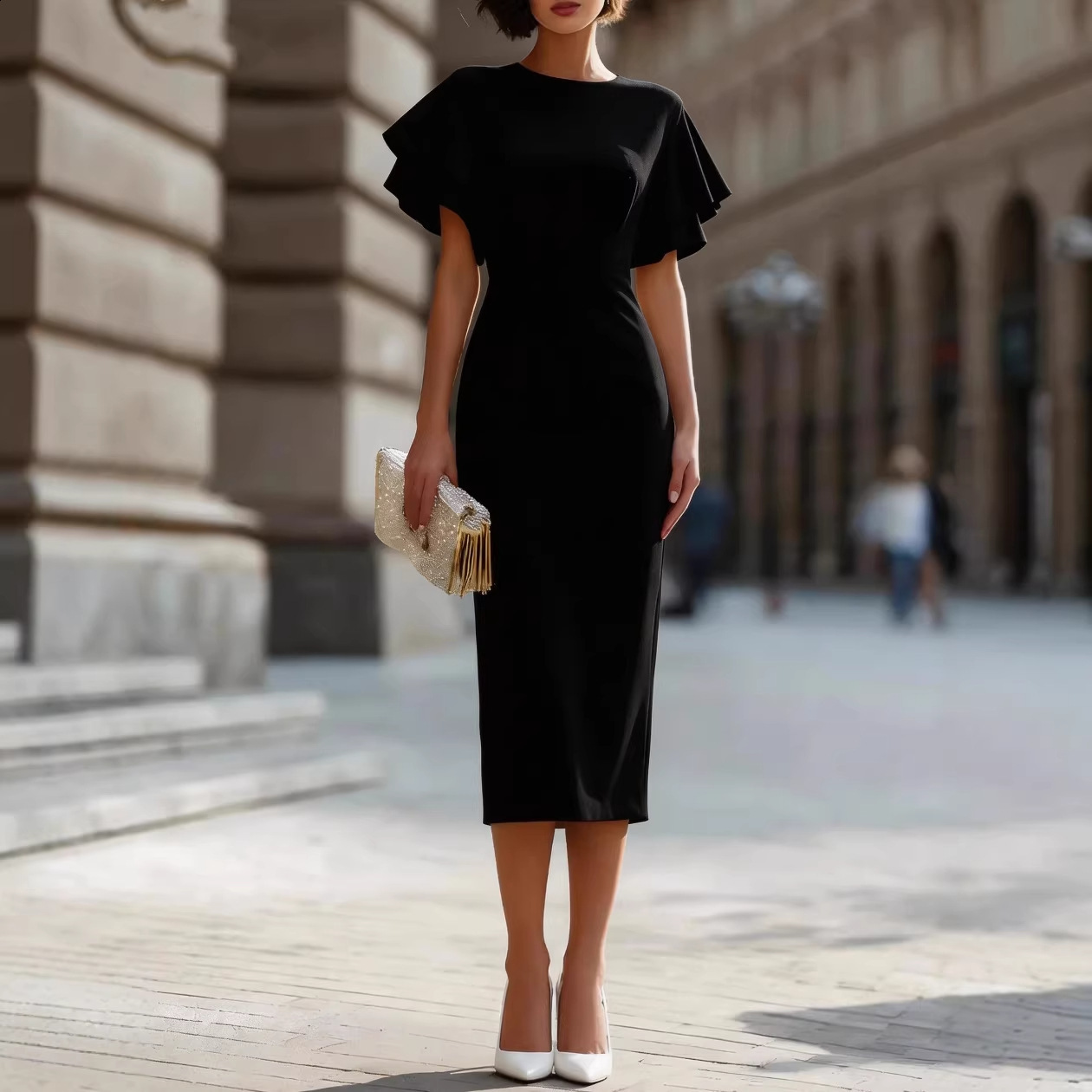 2026 Womens Clothing Ruffle Sleeve Slim Fit Bodycon Dress Mid-Length One-Piece Dress for Commuting and Parties210416