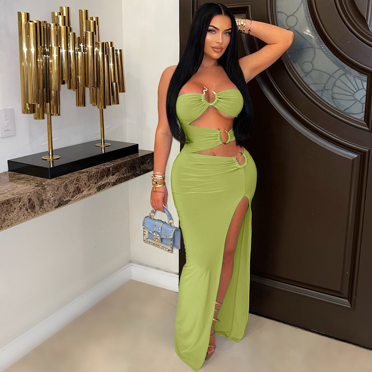 ZY6200 Sexy Hollowed-Out Metal Ring Spliced High-Slit Bodycon Dress New Long Dress