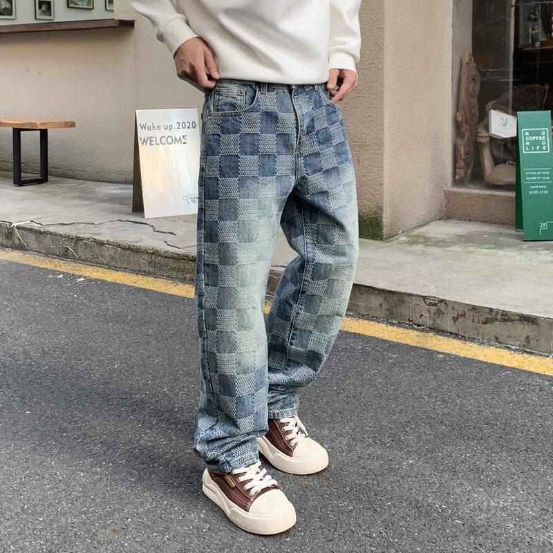 Designer Luxury Brand Loose Plus Men's Straight Leg Jeans, A Must-have For Street Fashion, Men's And Women's Spring Color Blocked Plaid