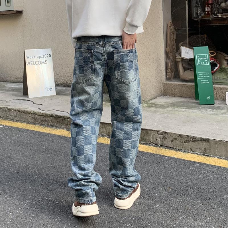 Designer Luxury Brand Loose Plus Men's Straight Leg Jeans, A Must-have For Street Fashion, Men's And Women's Spring Color Blocked Plaid