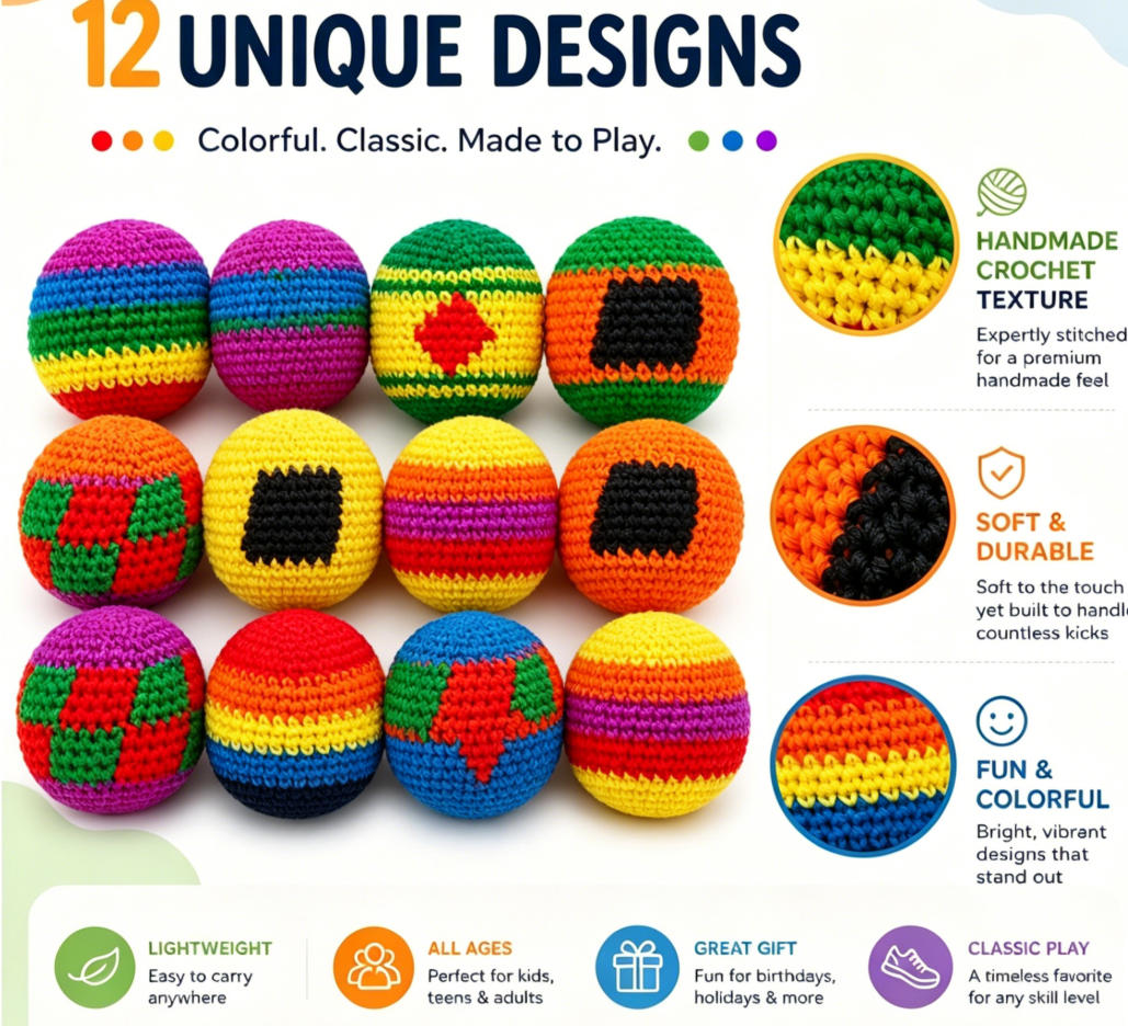 Wholesale Knitted Hacky Bag Set,Hand-Made Knitted Footbag Sack,Juggling Footbag for Beginners,Foot Bag Crochet Hacky Ball