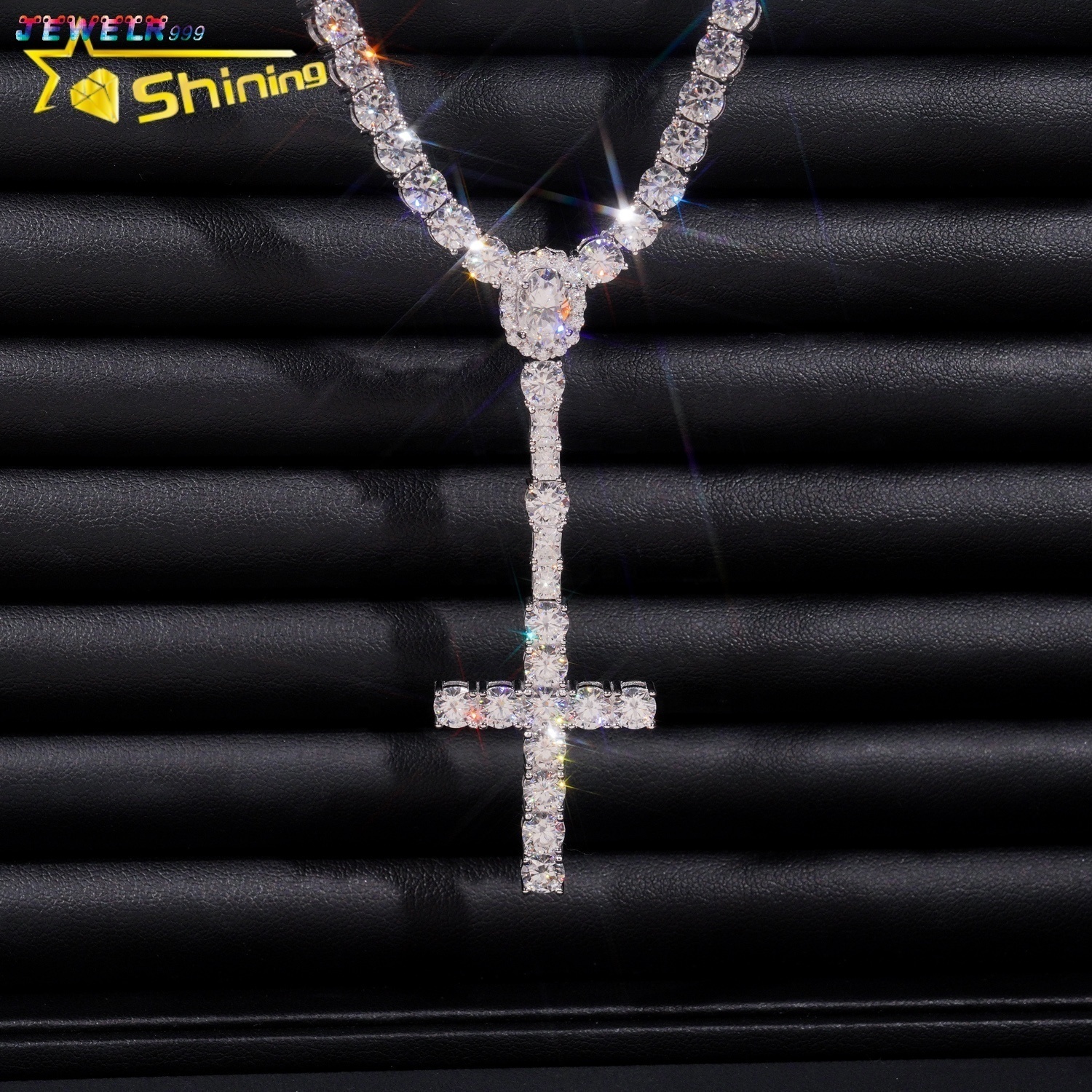 New Arrival Hot Sell Iced Out 5MM Width 925 Sterling Silver VVS Moissanite Rosary Cross Tennis Chain Necklace