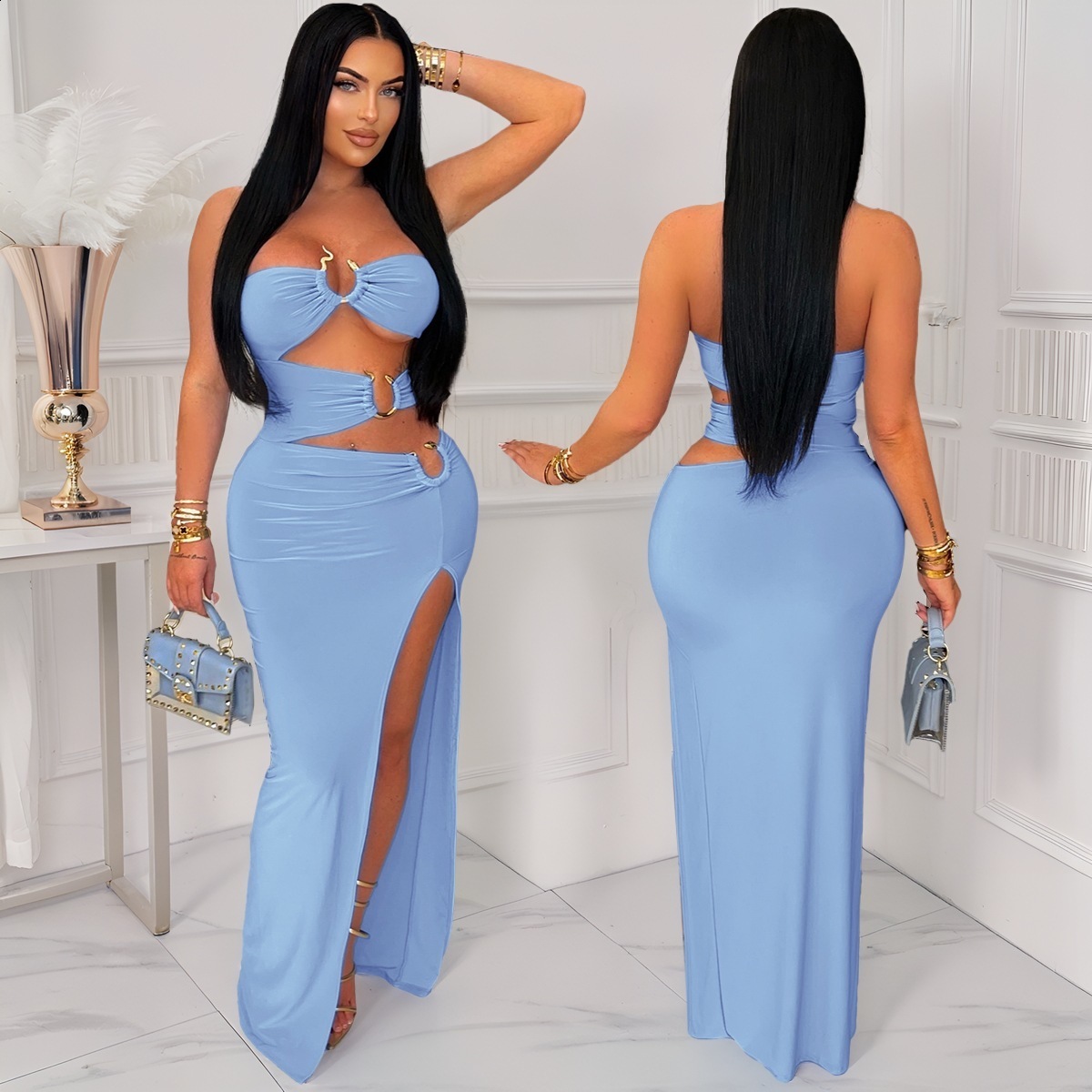 ZY6200 Sexy Hollowed-Out Metal Ring Spliced High-Slit Bodycon Dress New Long Dress