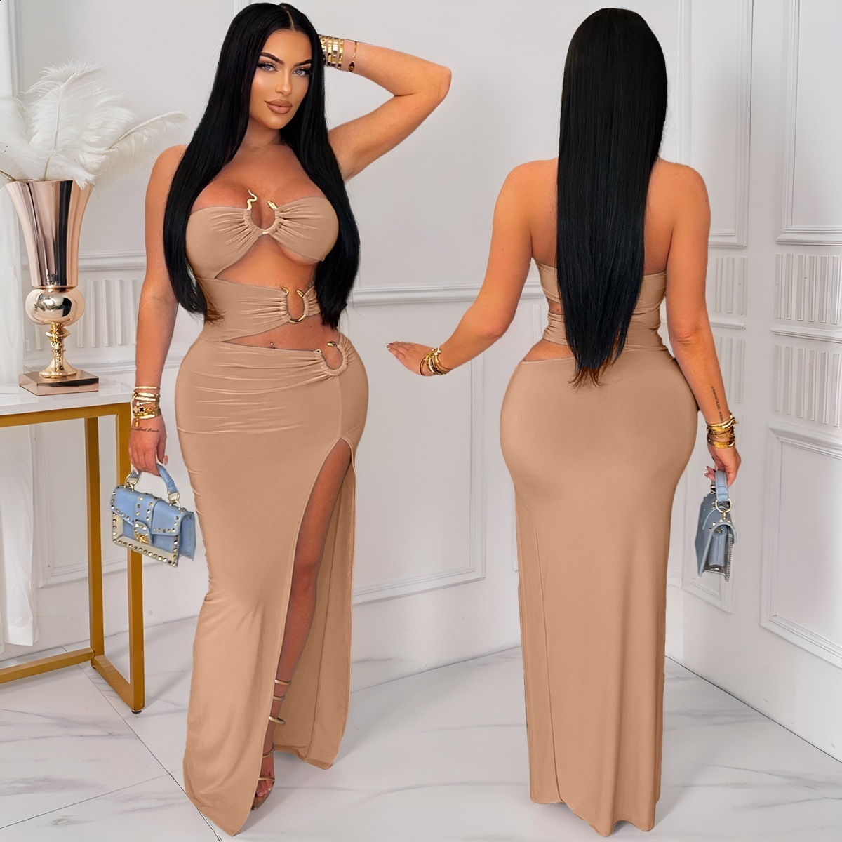 ZY6200 Sexy Hollowed-Out Metal Ring Spliced High-Slit Bodycon Dress New Long Dress